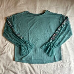 Teal Boho Embroidered Mesh Sleeve Top – Size S